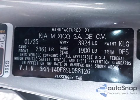 2025 Kia K4 Lxs z USA, uszkodzony, nr VIN 3KPFT4DE8SE088126